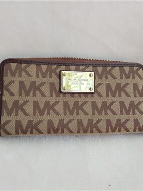 Michael Kors Brown and Tan MK Logo Continental Wallet with Gold Plate